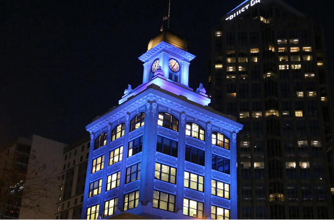 Old City Hall lit up blue