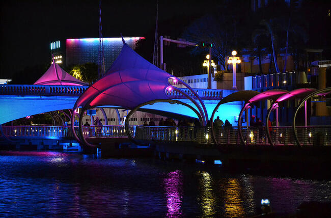 The Tampa Riverwalk lit up at night