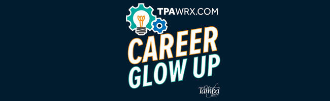 Career Glow Up graphic with gears and a lightbulb on a navy background.