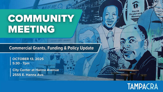Community meeting graphic with date, time, location details, and historical figure mural.