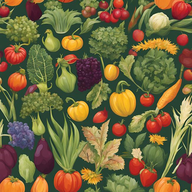 Various colorful fruits and vegetables, including tomatoes, peppers, and eggplants, on a green background.