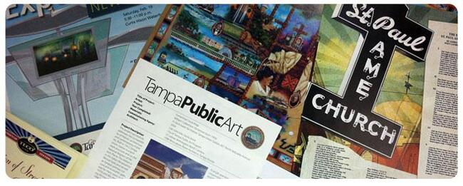 Brochures and flyers featuring various public art materials and themes.