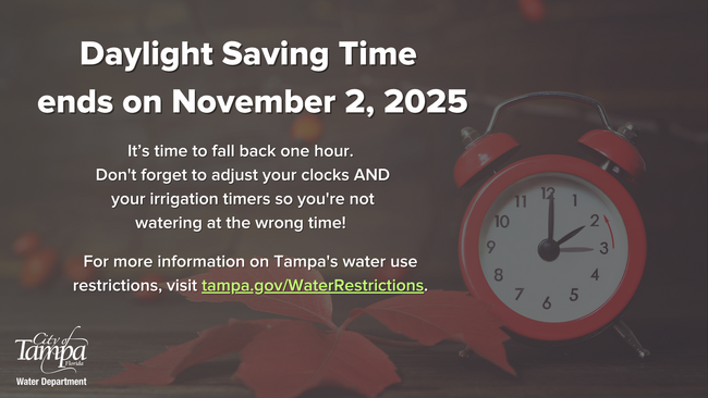 Daylight Saving Time ends on November 2, 2025; it's time to fall back one hour. Don't forget to adjust your clocks and your irrigation timers so you're not watering on the wrong time. For more info on Tampa's water use restrictions, visit tampa.gov/WaterRestrictions..