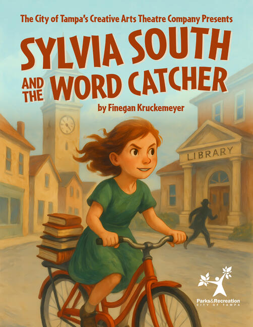 Sylvia South rides a bike with books, in front of a library.