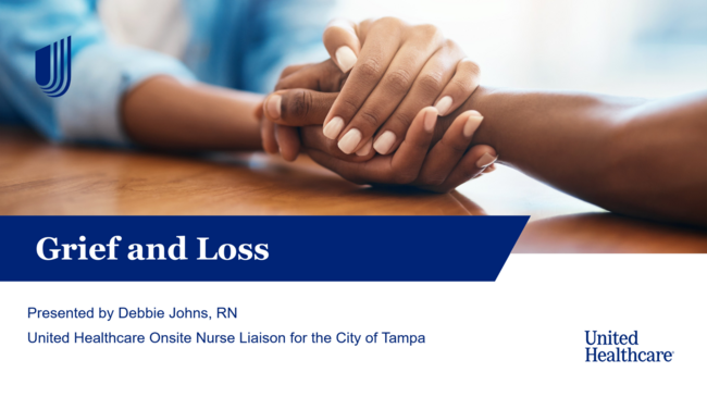 Grief and Loss presentation slide with clasped hands graphic.