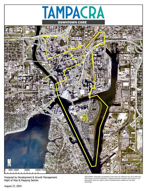 Tampa downtown core map with highlighted areas and labeled paths.