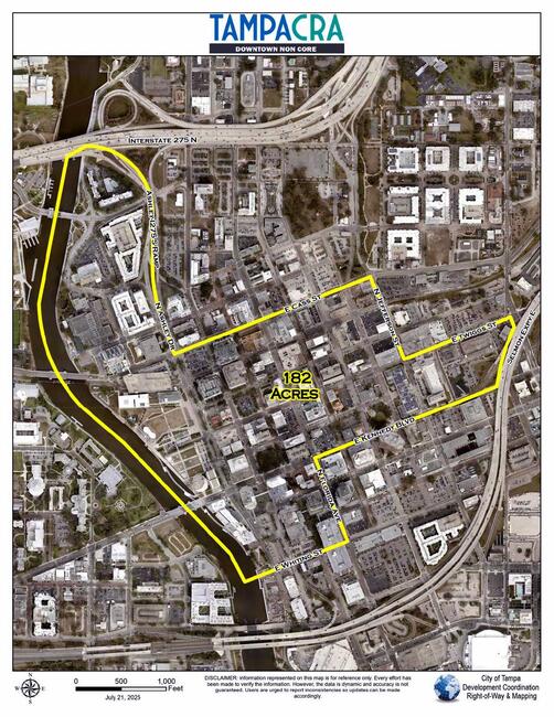 Map of downtown Tampa CRA Non-Core area with highlighted boundaries in yellow.
