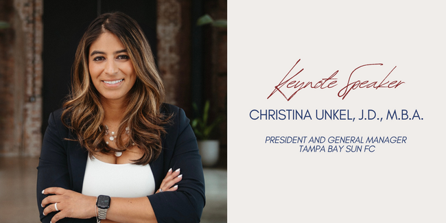 Keynote speaker Christina Unkel with title and affiliations at Latinos Unidos luncheon.