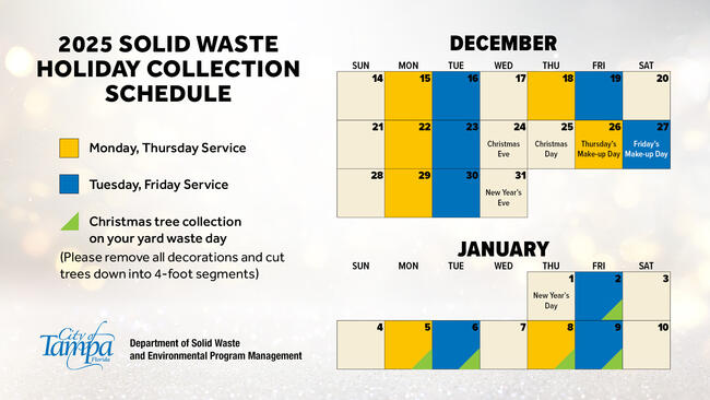 2025 holiday waste collection schedule graphic with December and January dates.