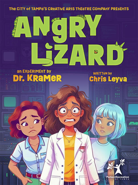 "Angry Lizard" poster with three worried characters in a lab setting.