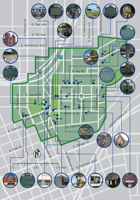 Map highlighting Central Ave with photos of local sites along &quot;The Scrub&quot; trail.