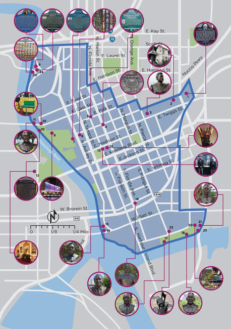 Downtown Soulwalk map with a marked route and photo highlights of sites.