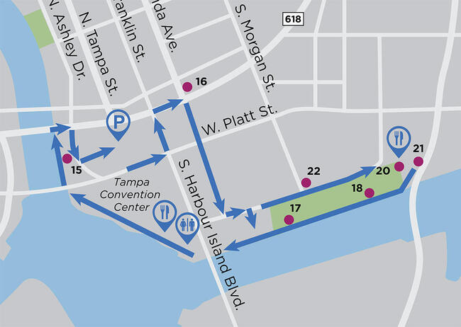 Downtown walking path map near Tampa Convention Center with directional arrows.