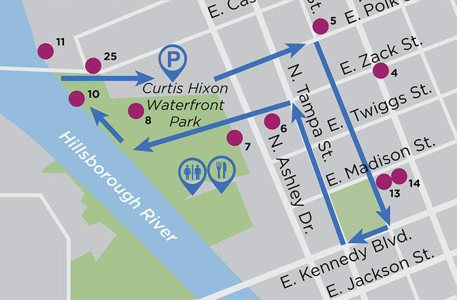 Map of a downtown walking path near Curtis Hixon Waterfront Park by Hillsborough River.