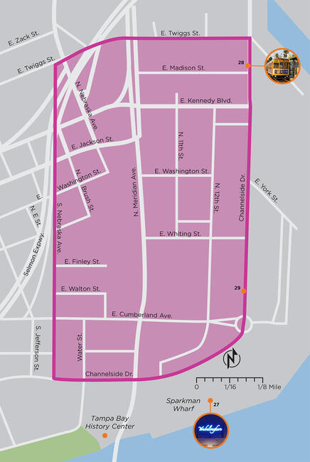 Garrison area map with streets highlighted in pink, compass at bottom right.