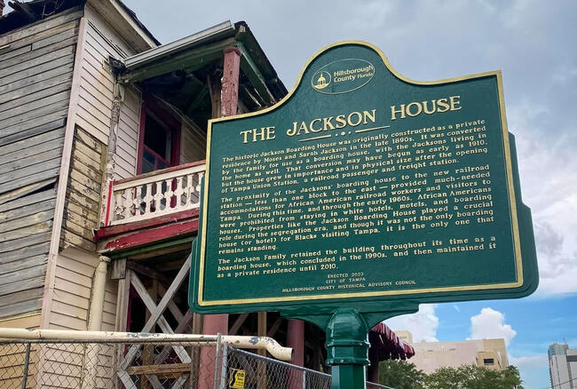 Historic marker in front of the Jackson House, detailing its historical significance.