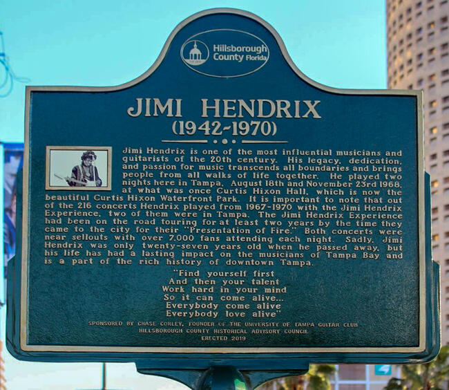Historical marker highlighting Jimi Hendrix's influence, with text about his music career.