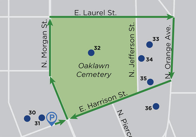 Map highlighting Central Ave path around Oaklawn Cemetery.