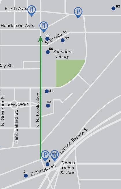 Pathway map through Central area, showing route from Railroad Station to Saunders Library.