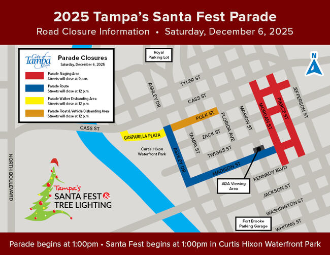 2025 Tampa's Santa Fest Parade route map with road closures