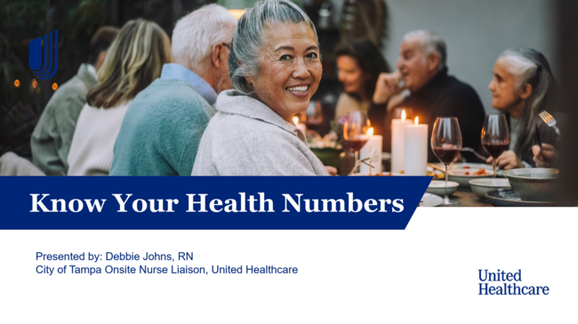Know Your Health Numbers seminar slide with diverse group dining, United Healthcare logo.