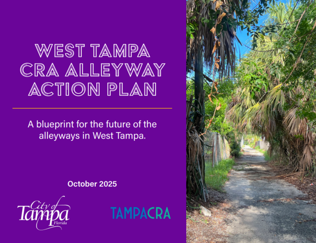 West Tampa CRA Alleyway Action Plan graphic with alley and trees, October 2023.