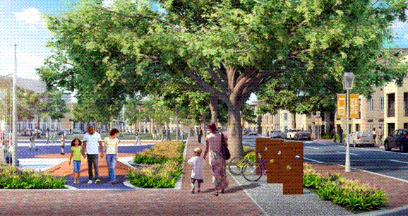 Urban park scene by a river with families, trees, and modern landscaping.