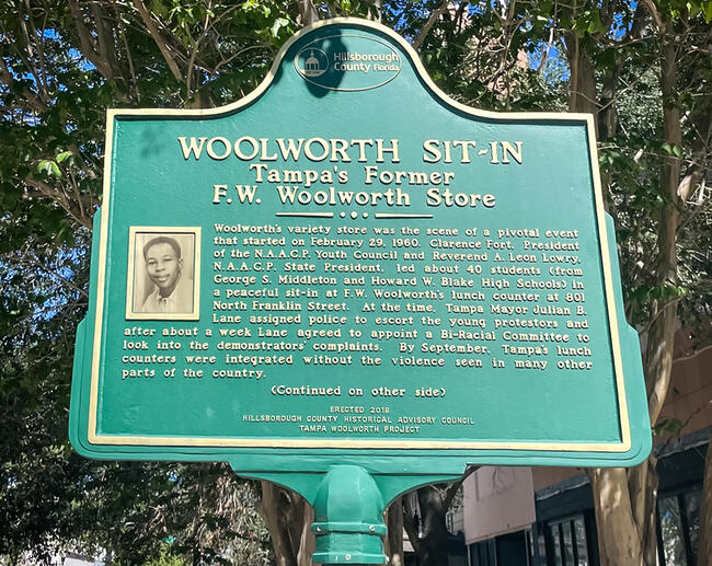 &quot;Woolworth Sit-In historical marker at former Tampa F.W. Woolworth store.&quot;