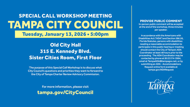 Tampa City Council special call meeting notice, January 13, 2026, at 5:00 pm, Old City Hall.
