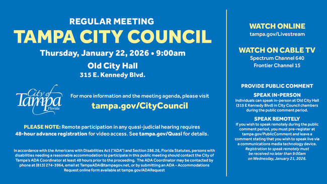 Tampa City Council meeting notice for January 22, 2024, at Old City Hall.
