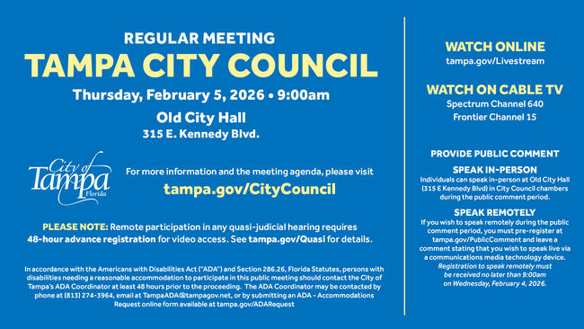 Tampa City Council meeting info for February 5, 2026, at 9:00 am, Old City Hall.