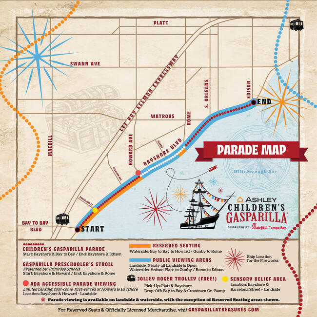 2026 Gasparilla Children's Parade route map with labeled starting and ending points.