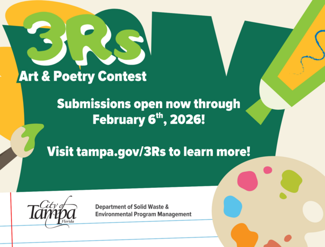 A graphic describing deadline submission of February 6. A big 3Rs and paint and other artistic supplies.