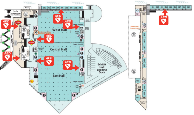 Map showing AED locations with red icons and arrows in a building layout.