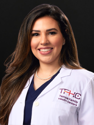 Smiling woman in a lab coat with "THC" logo, dark background.