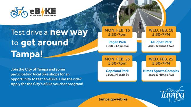 Flyer showing the dates, times, and locations of the 4 in-person community events for the 2026 eBike Voucher Program application window.