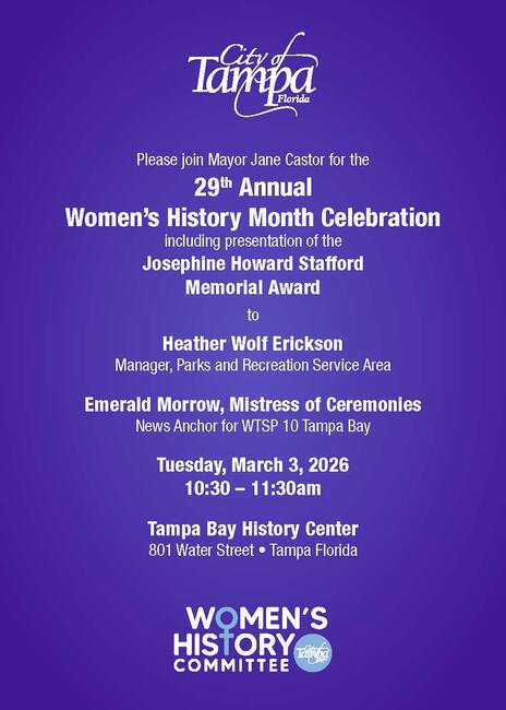 Women's History Month 2026 invite with event details on a purple background.