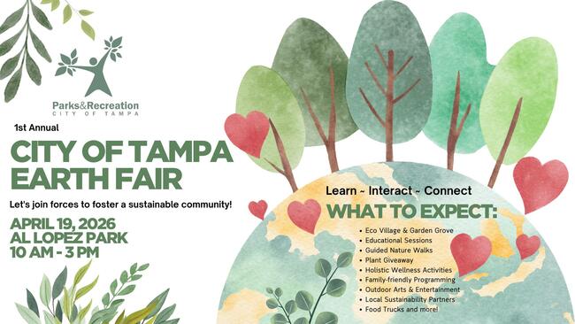City of Tampa Earth Fair 2026 flyer, event details and tree graphics.