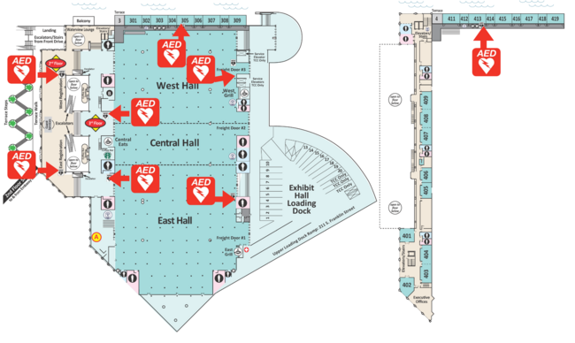 Map showing AED locations in a building's West, Central, and East halls, marked with icons.