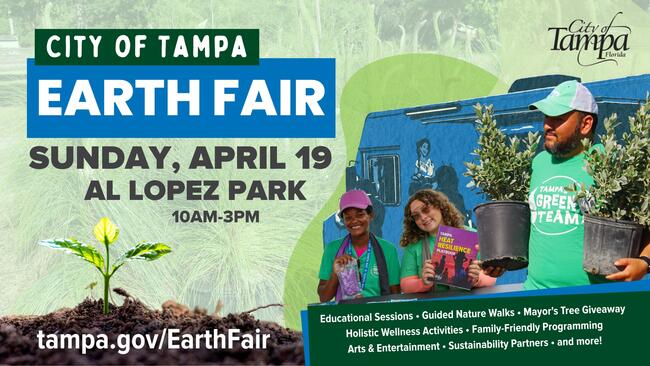 City of Tampa Earth Fair 2026 flyer, event details and tree graphics.