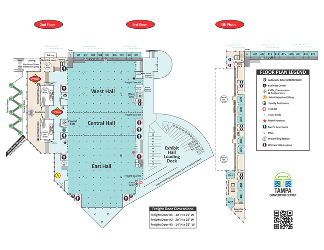Floor plans for TCC with labeled West, Central, and East Halls, plus key and exits.