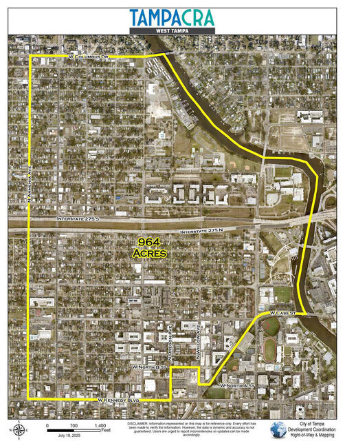 Map showing the West Tampa CRA, outlined in yellow.