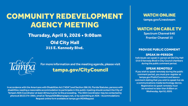 Community Redevelopment Agency Meeting details for April 9, 2020, at Old City Hall, Tampa.