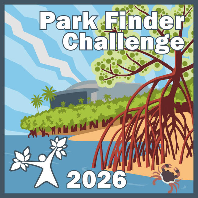 "Graphic of 2026 Park Finder Challenge with tree, water, and crab."