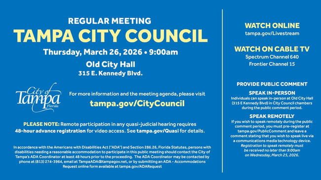 Tampa City Council meeting notice for March 24, 2022, at Old City Hall.