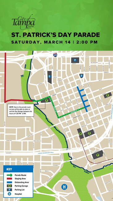 Map showing the 2026 St. Patrick's Day parade route with start and endpoint markers.