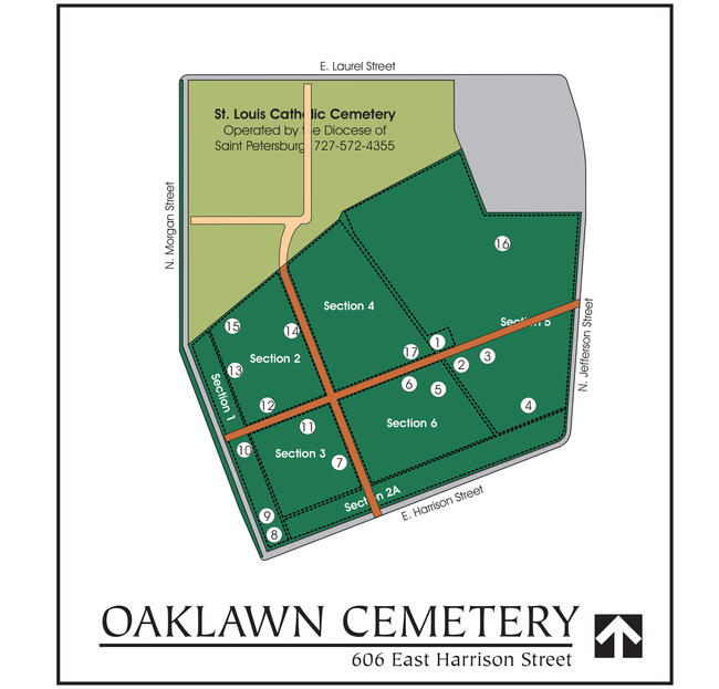Oaklawn Cemetery map highlighting sections with road names.