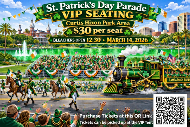 St. Patrick's Day Parade flyer with VIP seating details and QR code for tickets.