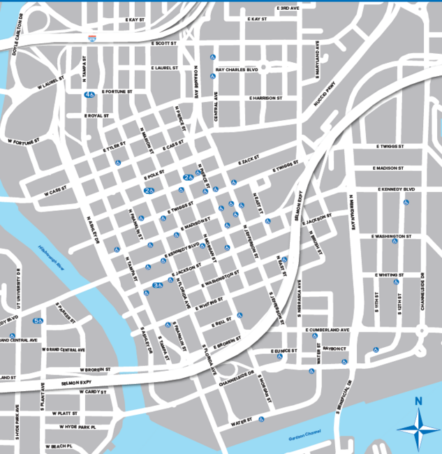 Map image with icons showing the above listed locations for on-street disabled parking in Downtown Tampa.