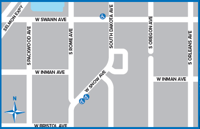 Map image with icons showing the above listed locations for on-street disabled parking in Hyde Park Village.